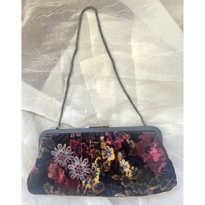 MIMCO Velvet Floral Jewel Tone Brooch Kiss Lock Shoulder Bag Chain Strap Purse